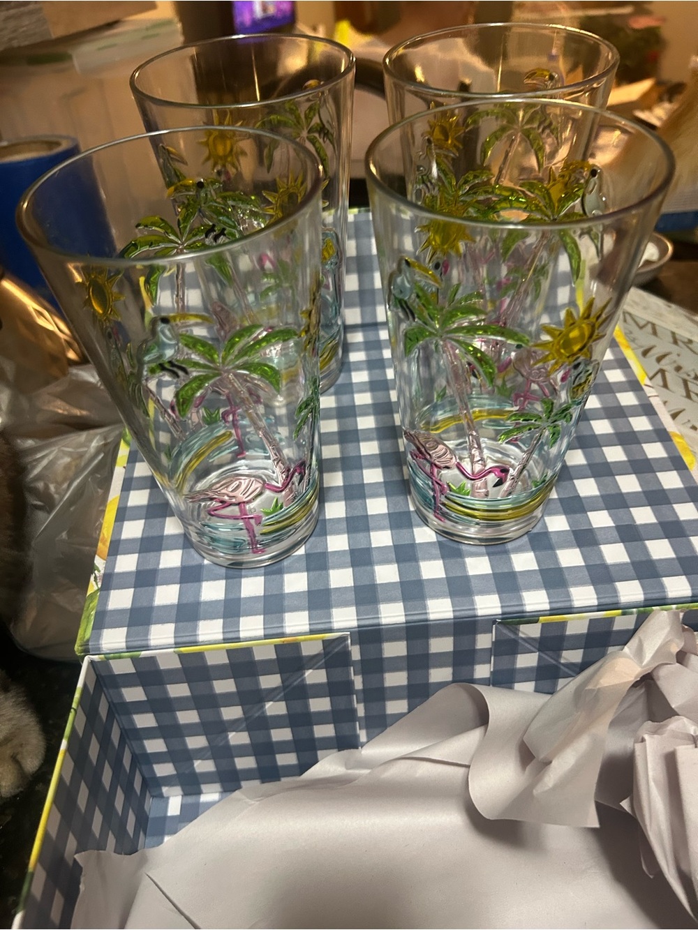 Set of 4 Tropical Palm Tree Drinking Glasses with Flamingo Accents  NWT